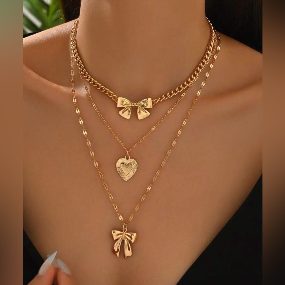 Gold Layered Bow & Heart Necklace Set - Women Jewelry